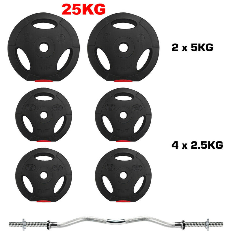 Adjustable Folding Weight Bench Gym + 25KG EZ Curl Barbell Bar Weight Plates Set