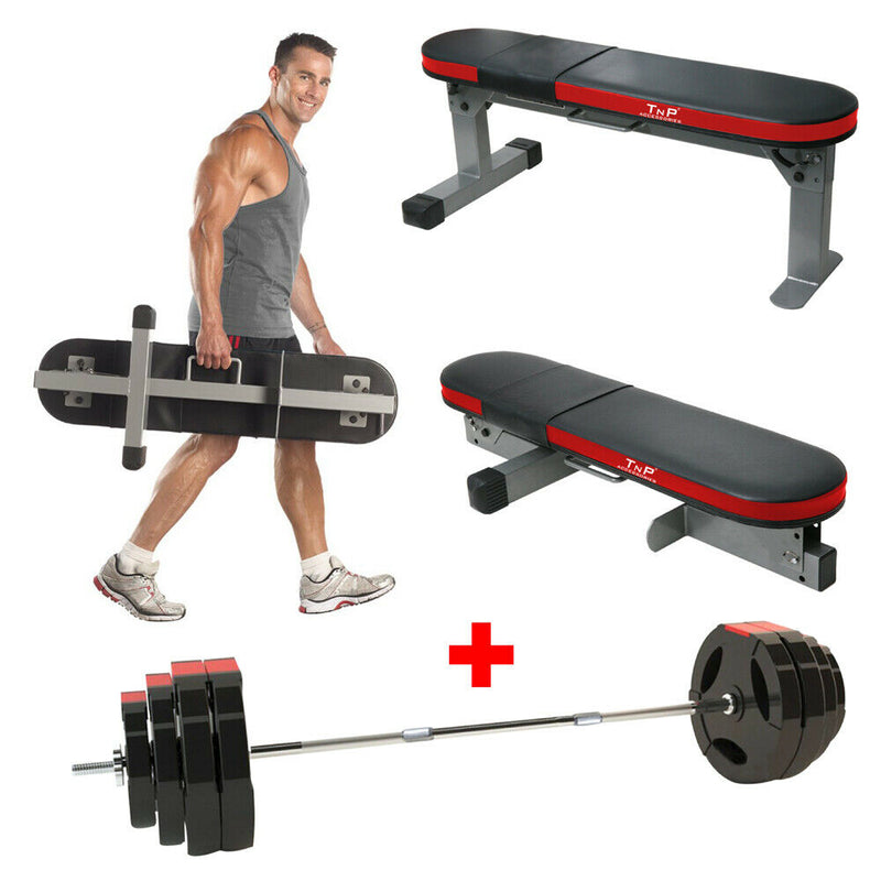 Adjustable Foldable Exercise Weight Bench + Barbell Bar Weight Plates Set 60KG