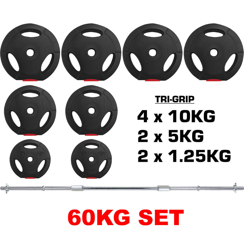 Adjustable Folding Weight Bench Gym + Barbell Bar Weight Plates Set 60KG